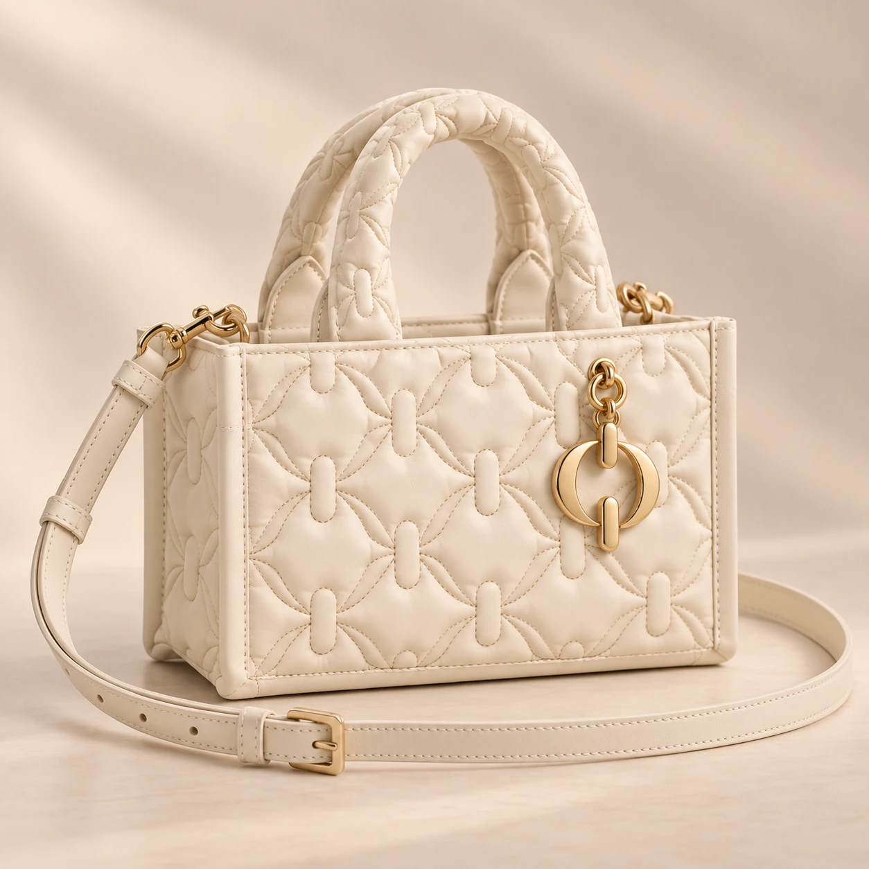 The Frame Mini: an ivory quilted handbag with a warm-gold open-circle charm and matching shoulder strap.